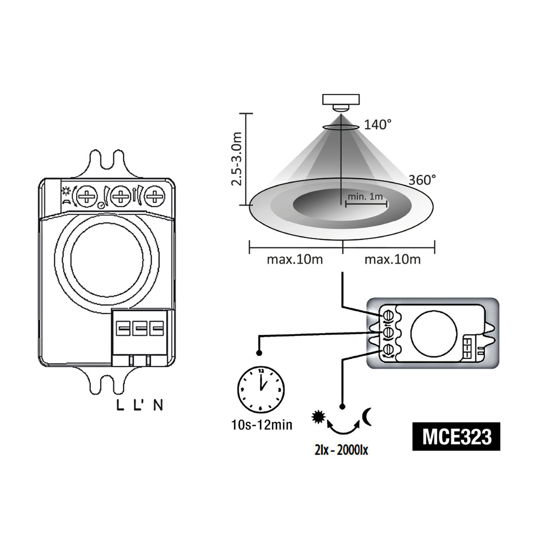 Sensor de movimento de microondas com nível de intensidade de luz ajustável, tempo de iluminação e sensibilidade/faixa operacional Maclean Energy MCE323