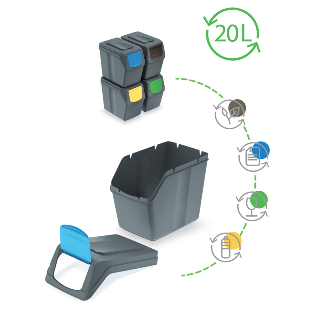 Lixeiras para reciclagem, conjunto de 4 lixeiras de 20L na cor cinza com tampas de diversas cores, Sortibox ISWB20S4