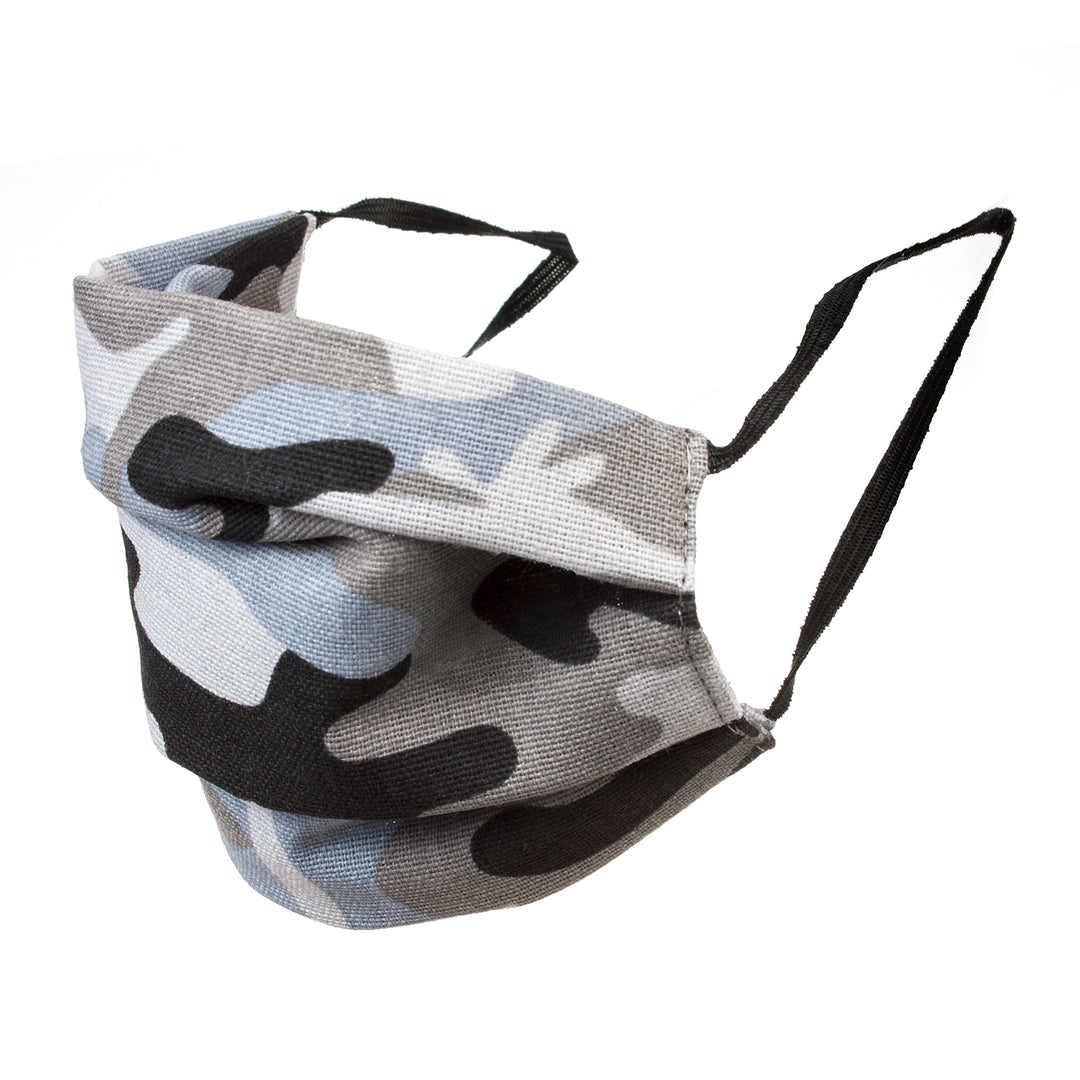 Máscara protectora reutilizable con un elástico de algodón - color camuflaje gris y azul