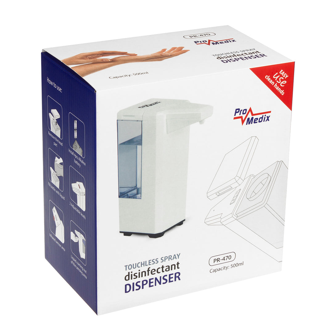 Recipiente dispensador automático para líquidos desinfectantes 500ml para 4 pilas AA Promedix PR-470