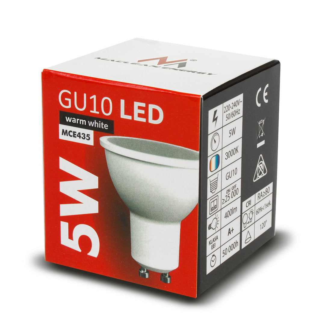 Bombilla LED GU10 5W blanco cálido 3000K, 220-240V ~, 50 / 60Hz, 400 lúmenes Maclean Energy MCE435 WW