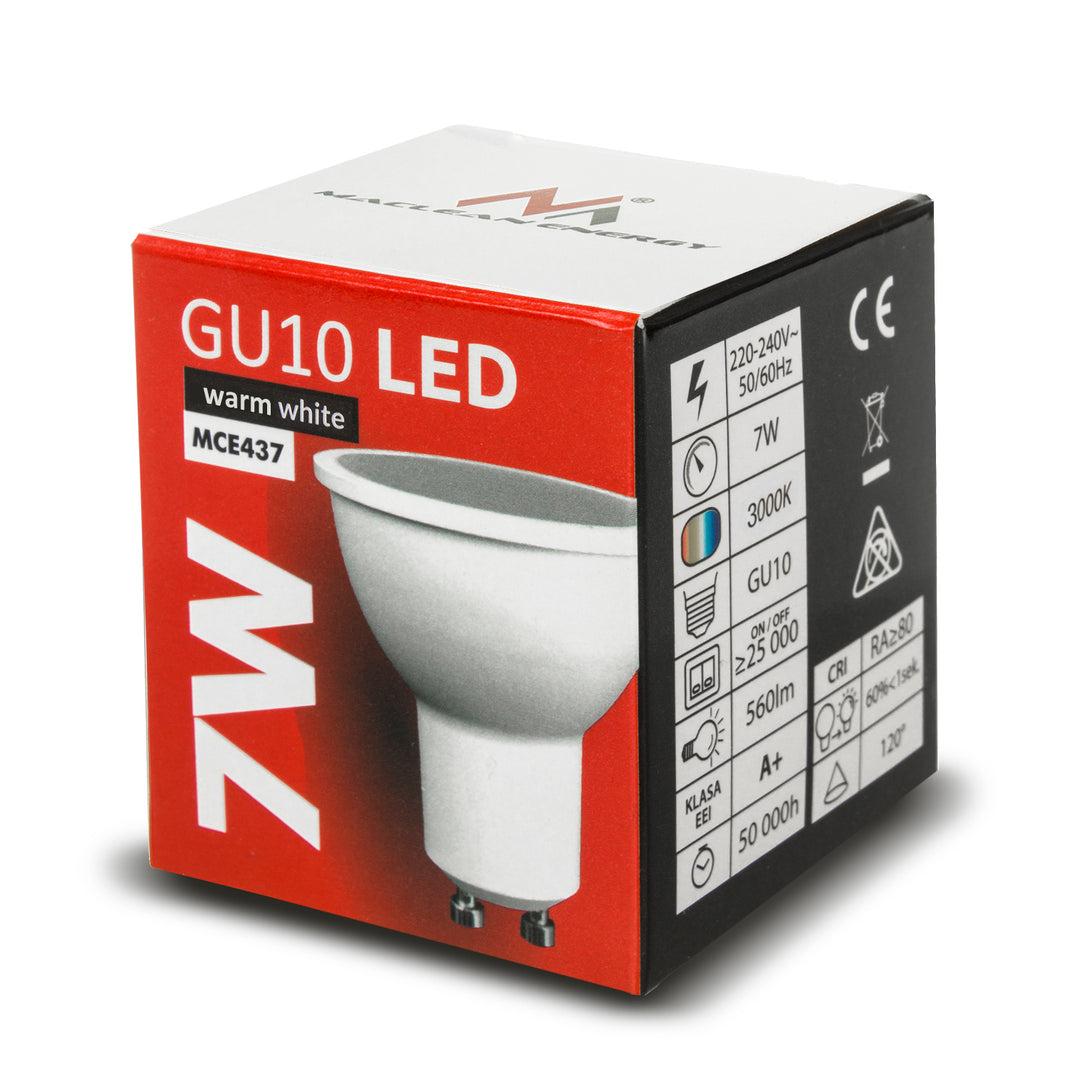 Bombilla LED GU10 7W blanco cálido 3000K, 220-240V ~, 50 / 60Hz, 490 lúmenes Maclean Energy MCE437 WW