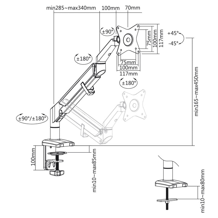 Suporte para monitor com mola a gás Suporte de mesa Braço do monitor Giratório Inclinação Gira 13"-32" até 9kg VESA 75x75 100x100 (Cinza)