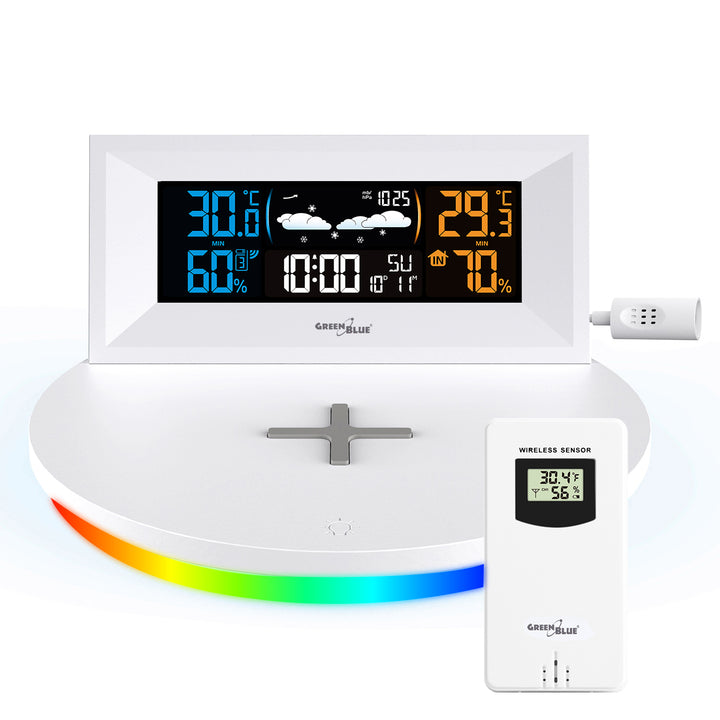 Estação meteorológica sem fio com carregador indutivo/sem fio GreenBlue, relógio, alarme, calendário, sensor externo, GB213