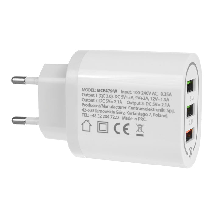 Carregador USB universal QC 3.0 3x adaptador de carregamento USB, unidade de fonte de alimentação com função de carregamento rápido, 1x adaptador de carga rápida 3,6-6V/3A 6-9V/2A 9-12V/1,5 2X 5V/2,1A (branco)