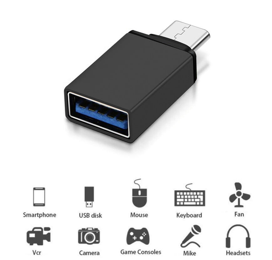 Adaptador USB A a USB tipo C con función OTG para teléfonos inteligentes y tabletas, admite sincronización, transferencia de datos, Plug & Play Negro