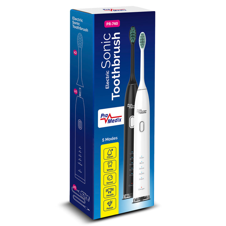 Escova de dentes Sonic Promedix PR-740 B preta, 5 modos, temporizador, indicador de nível de bateria 2 dicas incluídas