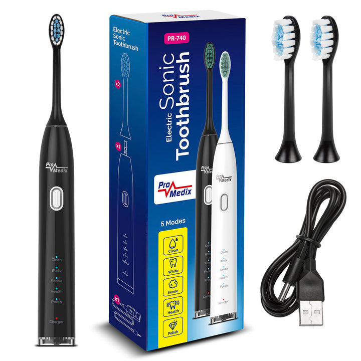 Escova de dentes Sonic Promedix PR-740 B preta, 5 modos, temporizador, indicador de nível de bateria 2 dicas incluídas