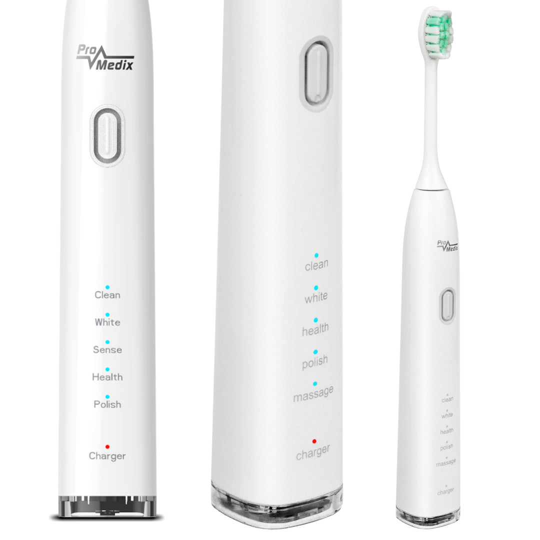 Escova de dentes sônica branca Promedix PR-740 W, 5 modos, temporizador, indicador de nível de bateria 2 cabeças no conjunto e cabo USB