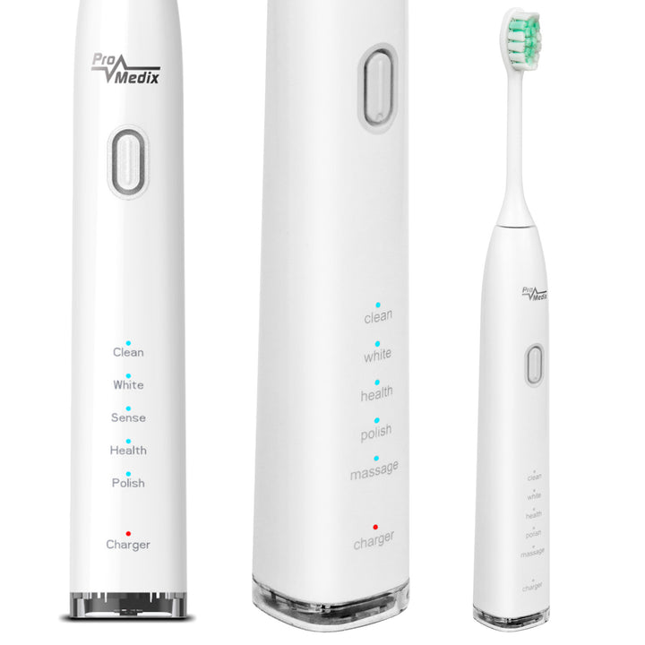 Escova de dentes sônica branca Promedix PR-740 W, 5 modos, temporizador, indicador de nível de bateria 2 cabeças no conjunto e cabo USB