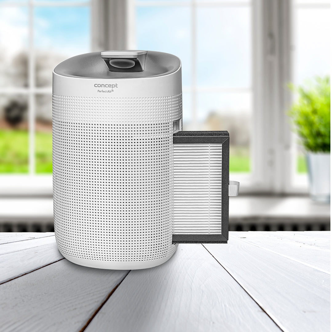 Concept Perfect Air OV1200 Desumidificador e purificador de ar 2 em 1 750 ml/dia para ambientes de até 25m2, filtração em 3 estágios, purificador de ar ambiente com filtro de carbono Hepa 13 1L (branco)