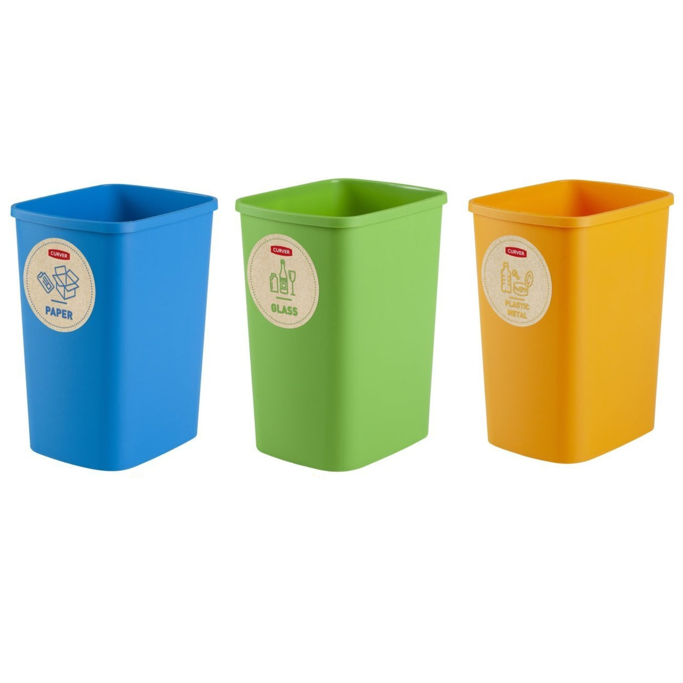 Conjunto de 3 sistemas de separação de lixo, lata de lixo, recipientes de reciclagem de vidro e plástico feitos de plástico (3x25L) Curver Eco Friendly