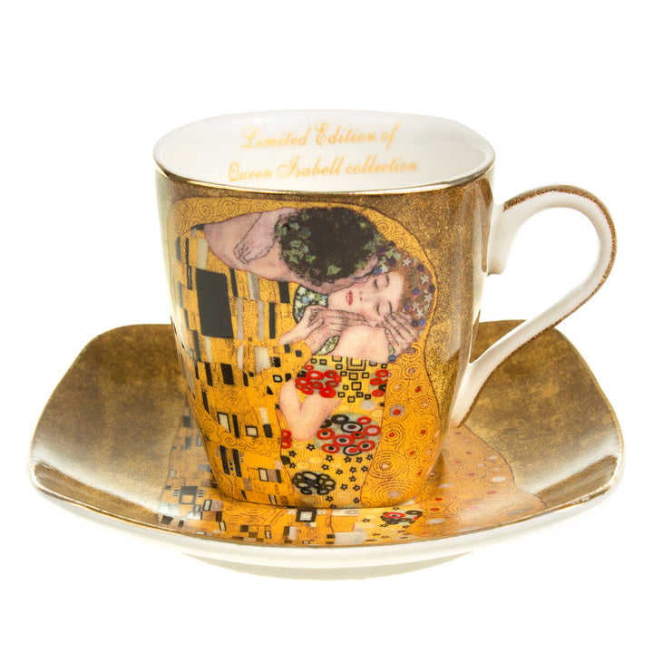 Juego de tazas de café de porcelana, para dos personas, con platillos y cuchara, diseño del beso Klimt