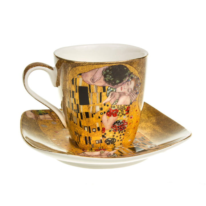 Juego de tazas de café de porcelana, para dos personas, con platillos y cuchara, diseño del beso Klimt