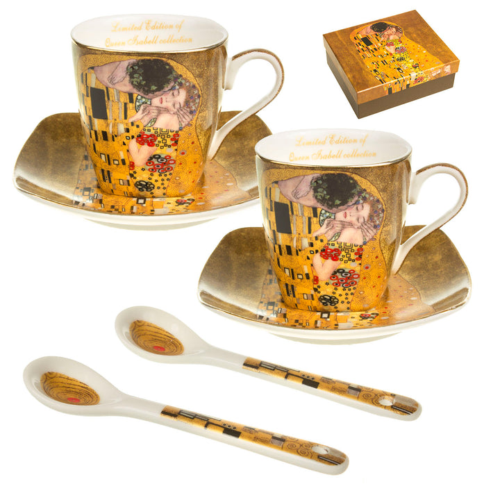 Juego de tazas de café de porcelana, para dos personas, con platillos y cuchara, diseño del beso Klimt