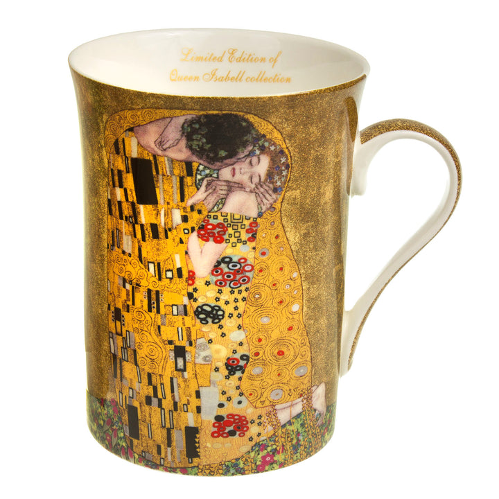 Conjunto de 2 xícaras de café de porcelana de duas peças, caneca com colher, design Klimt Kiss, ideia para presente