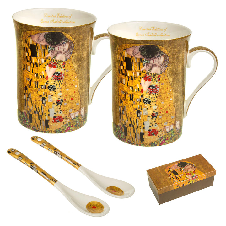 Conjunto de 2 xícaras de café de porcelana de duas peças, caneca com colher, design Klimt Kiss, ideia para presente