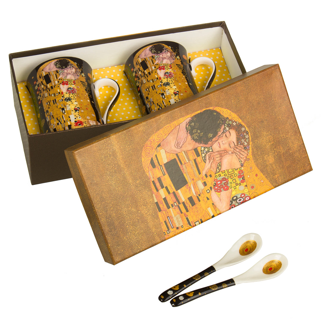 Conjunto de 2 canecas grandes de café 250ml com colher The Kiss Black Gift Idea de Gustav Klimt