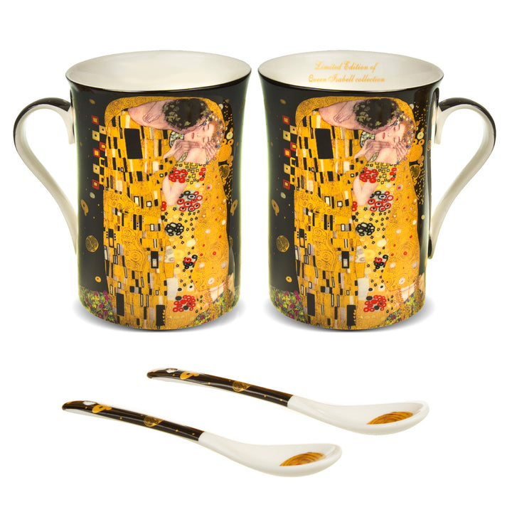 Conjunto de 2 canecas grandes de café 250ml com colher The Kiss Black Gift Idea de Gustav Klimt