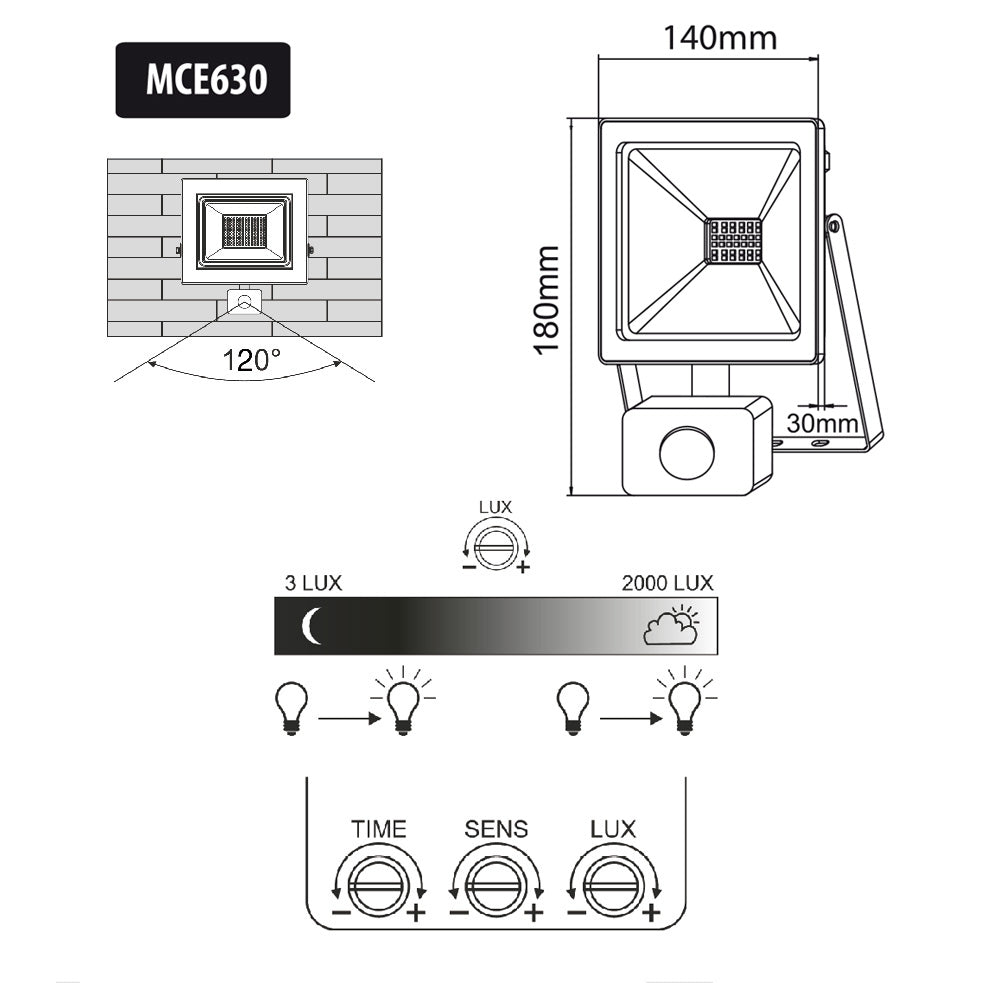 Holofote LED com sensor de movimento PIR 30W 2400 lúmens Iluminação externa IP44 Refletores finos à prova de respingos (30W, branco frio 6000K)