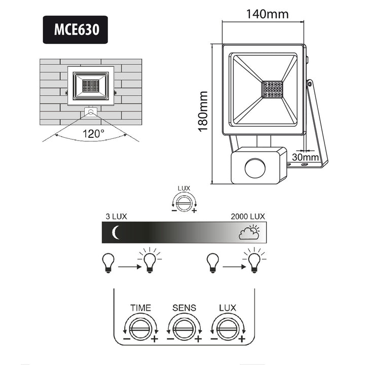 Holofote LED com sensor de movimento PIR 30W 2400 lúmens Iluminação externa IP44 Refletores finos à prova de respingos (30W, branco frio 6000K)