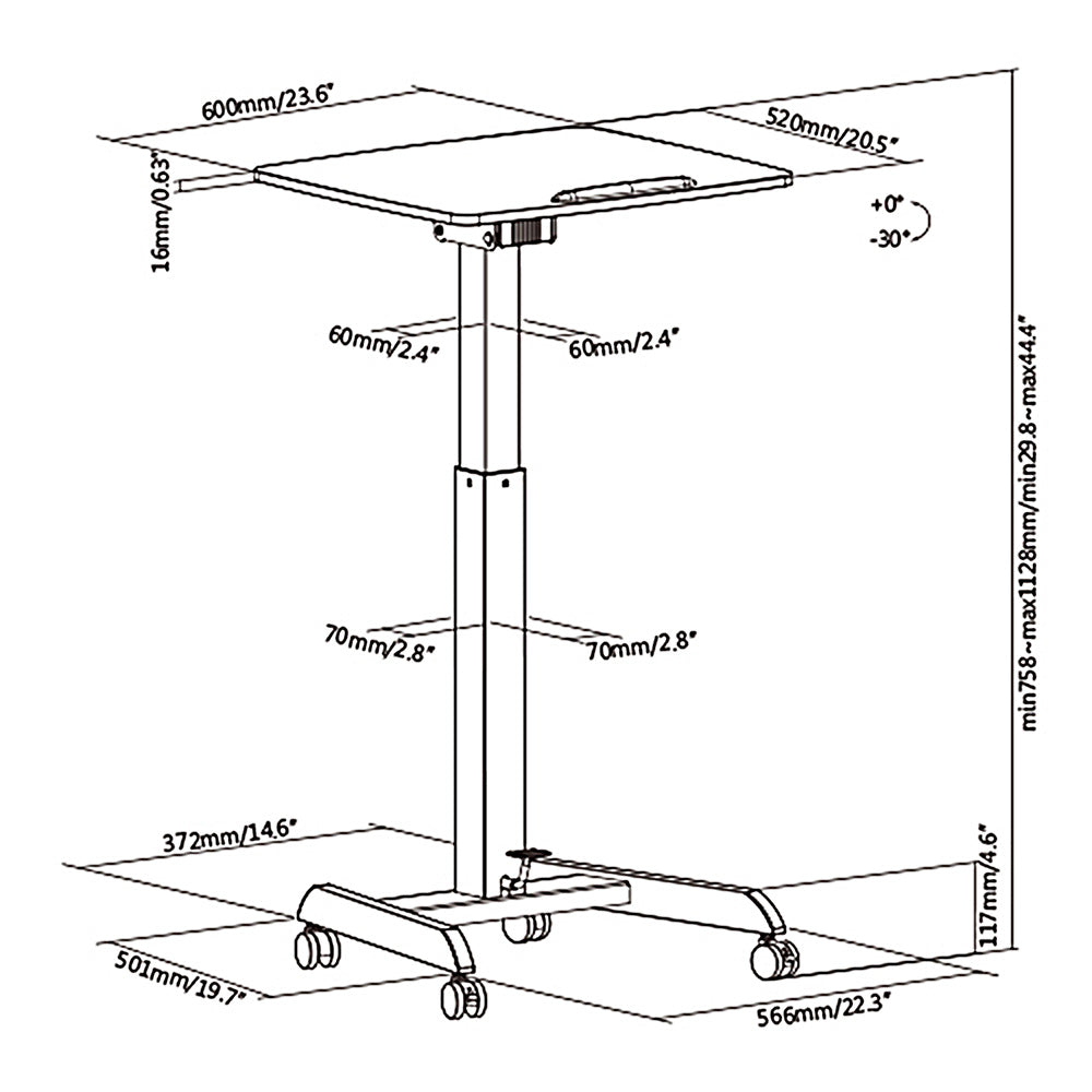 Maclean MC-892B Mesa para laptop ajustável em altura com rodas Mesa em pé com altura ajustável até um máximo de 113 cm 30 graus inclinável preto