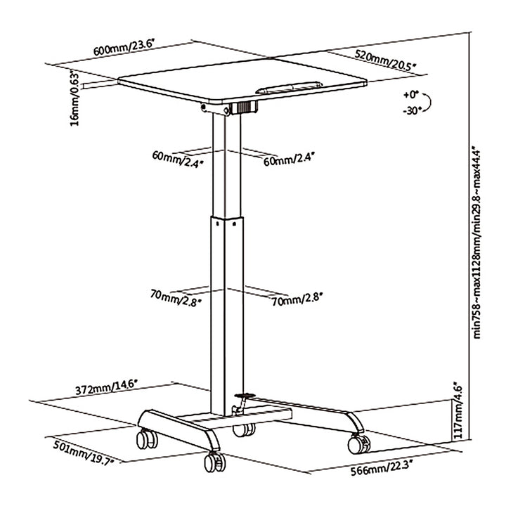 Maclean MC-892B Mesa para laptop ajustável em altura com rodas Mesa em pé com altura ajustável até um máximo de 113 cm 30 graus inclinável preto