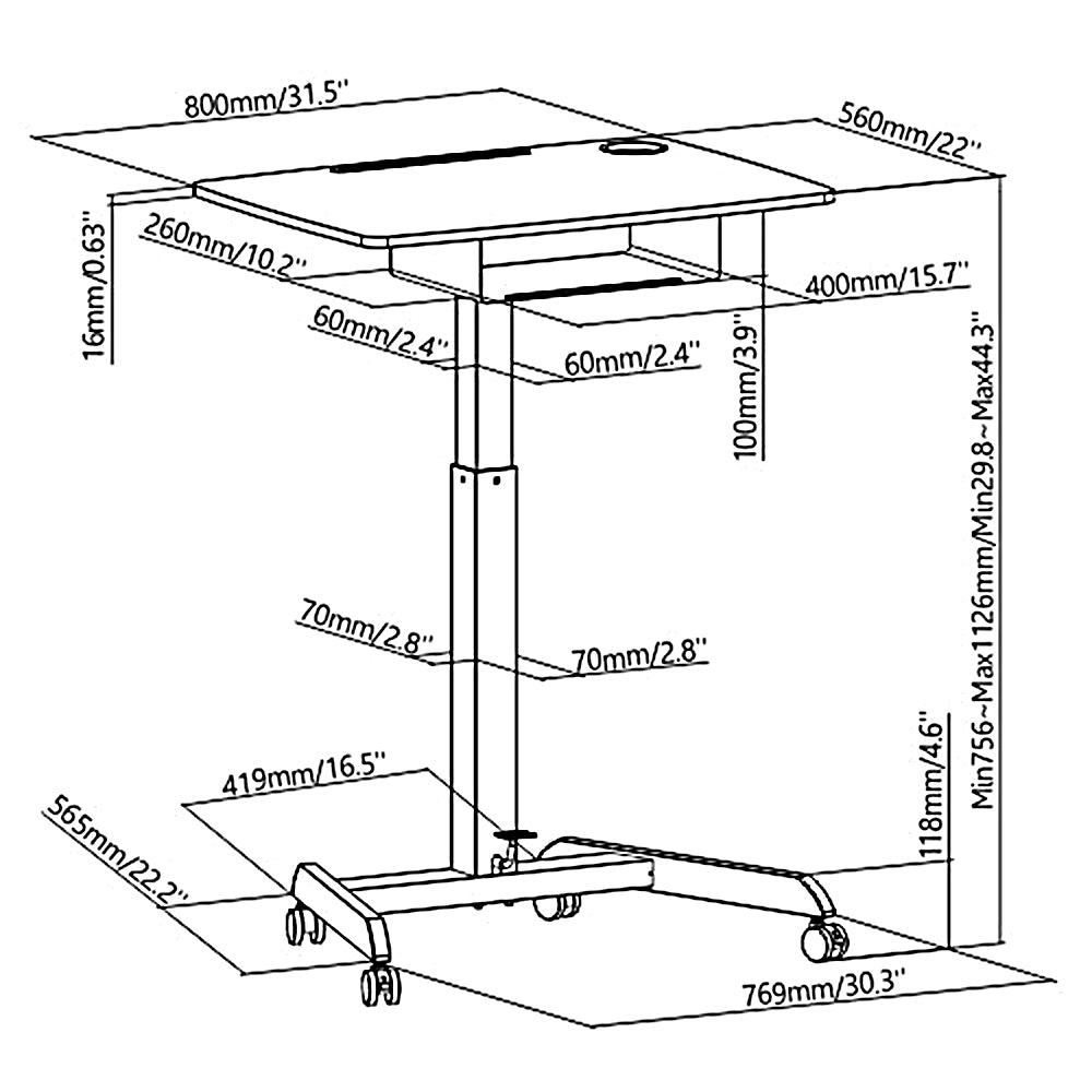 Mesa para laptop ajustável em altura com rodas e gaveta ajustável em altura até um máximo de 113 cm e um máximo de 8 kg (preto)