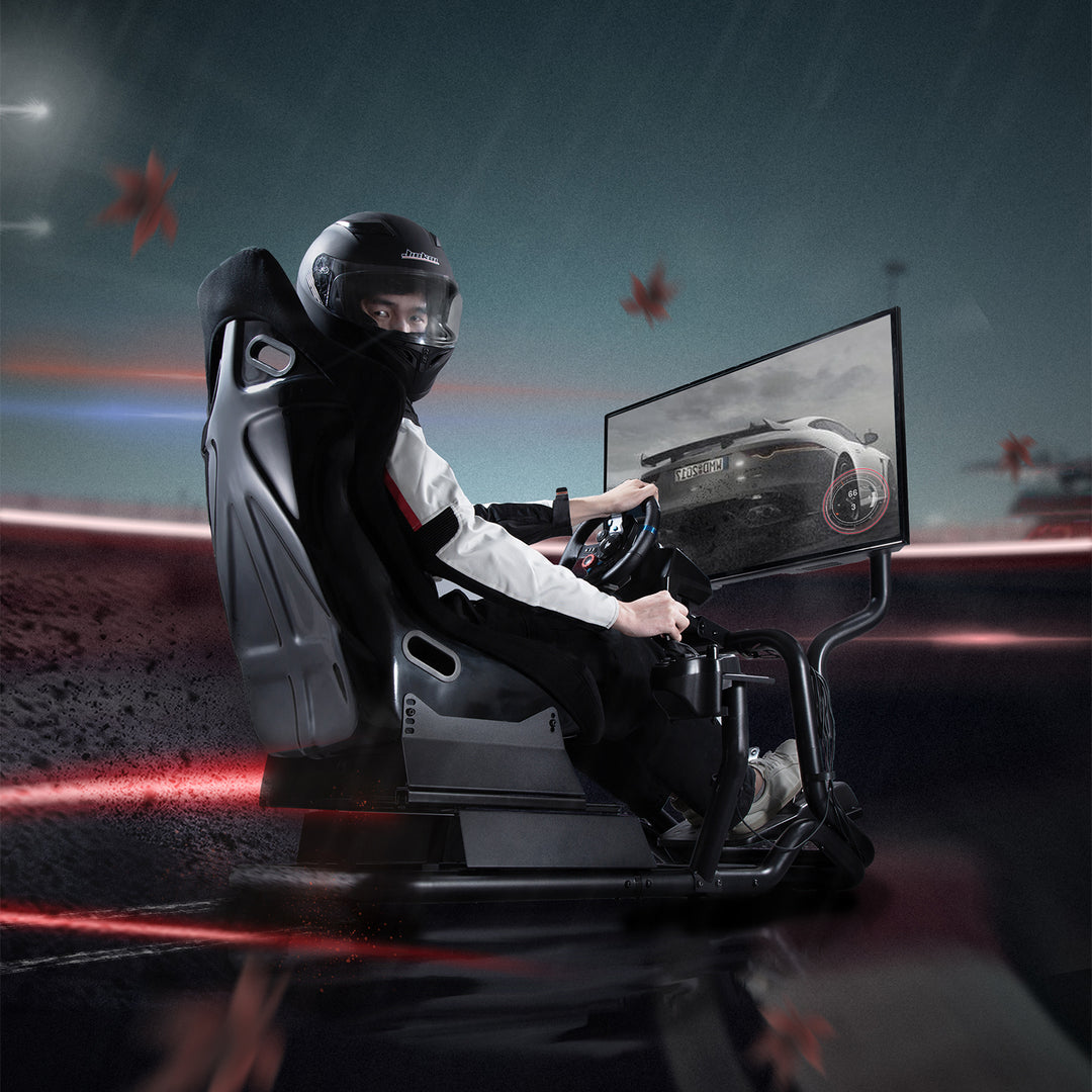 Simulador de carreras Cockpit 3 en 1 Asiento de juego hasta 130kg Soporte de palanca de cambio Soporte de volante Soporte de TV hasta 50" Max. Vesa 400x200 ...