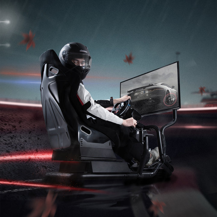 Simulador de carreras Cockpit 3 en 1 Asiento de juego hasta 130kg Soporte de palanca de cambio Soporte de volante Soporte de TV hasta 50" Max. Vesa 400x200 ...
