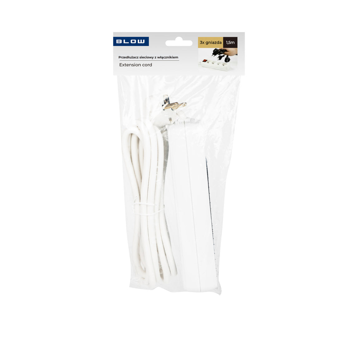 Cabo de extensão de 3 tomadas com interruptor, 1,5 m, branco PR-370wsp, 3x1,5 mm Blow