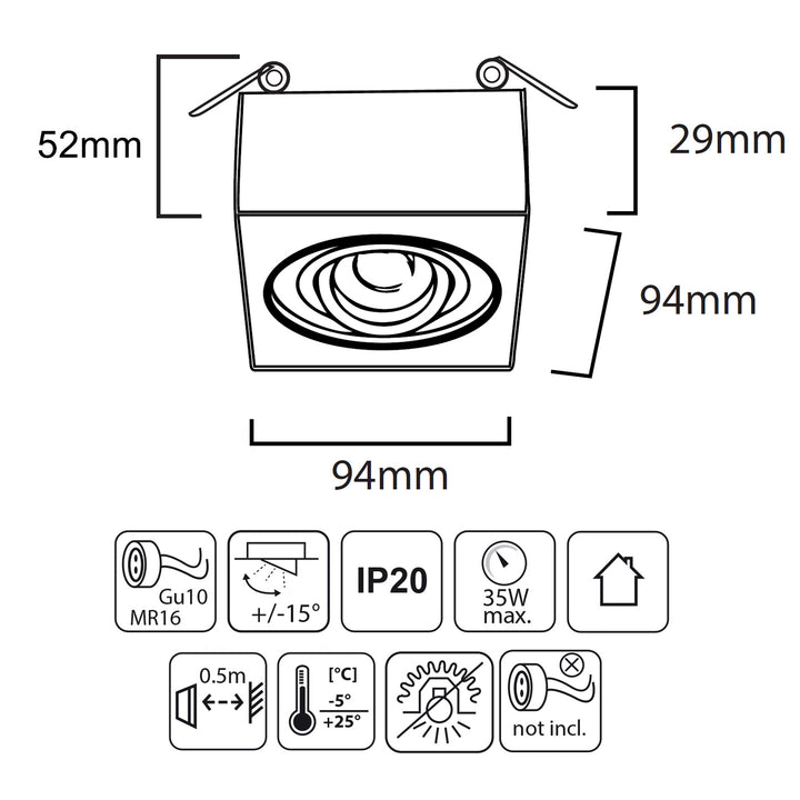 Luminária de teto spot, para fontes de luz MR16 / GU10, branco, 94x94x32mm, quadrado, alumínio, Maclean MCE464 W