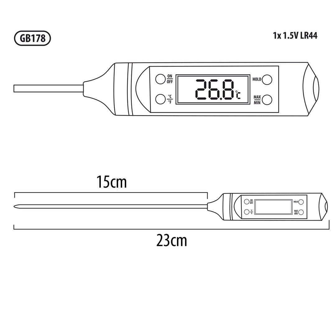 Termômetro/sonda para alimentos, comprimento da sonda 15 cm, faixa de temperatura -50 graus C a +300 graus C, precisão de 0,1 graus C, GreenBlue GB178