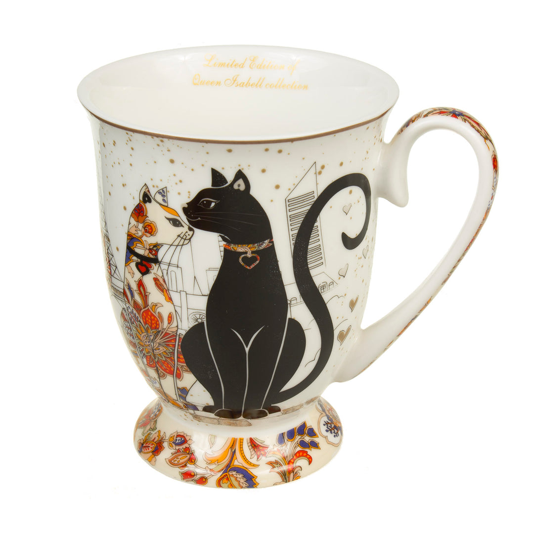 Xícara de Café com Colher para Duas Pessoas, Caixa Decorativa, Xícaras de Porcelana (2 xícaras 300 ml, Coleção Cat) Queen Isabell