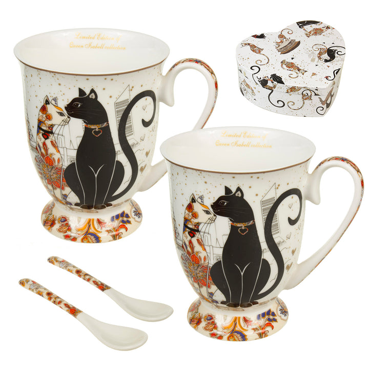 Xícara de Café com Colher para Duas Pessoas, Caixa Decorativa, Xícaras de Porcelana (2 xícaras 300 ml, Coleção Cat) Queen Isabell