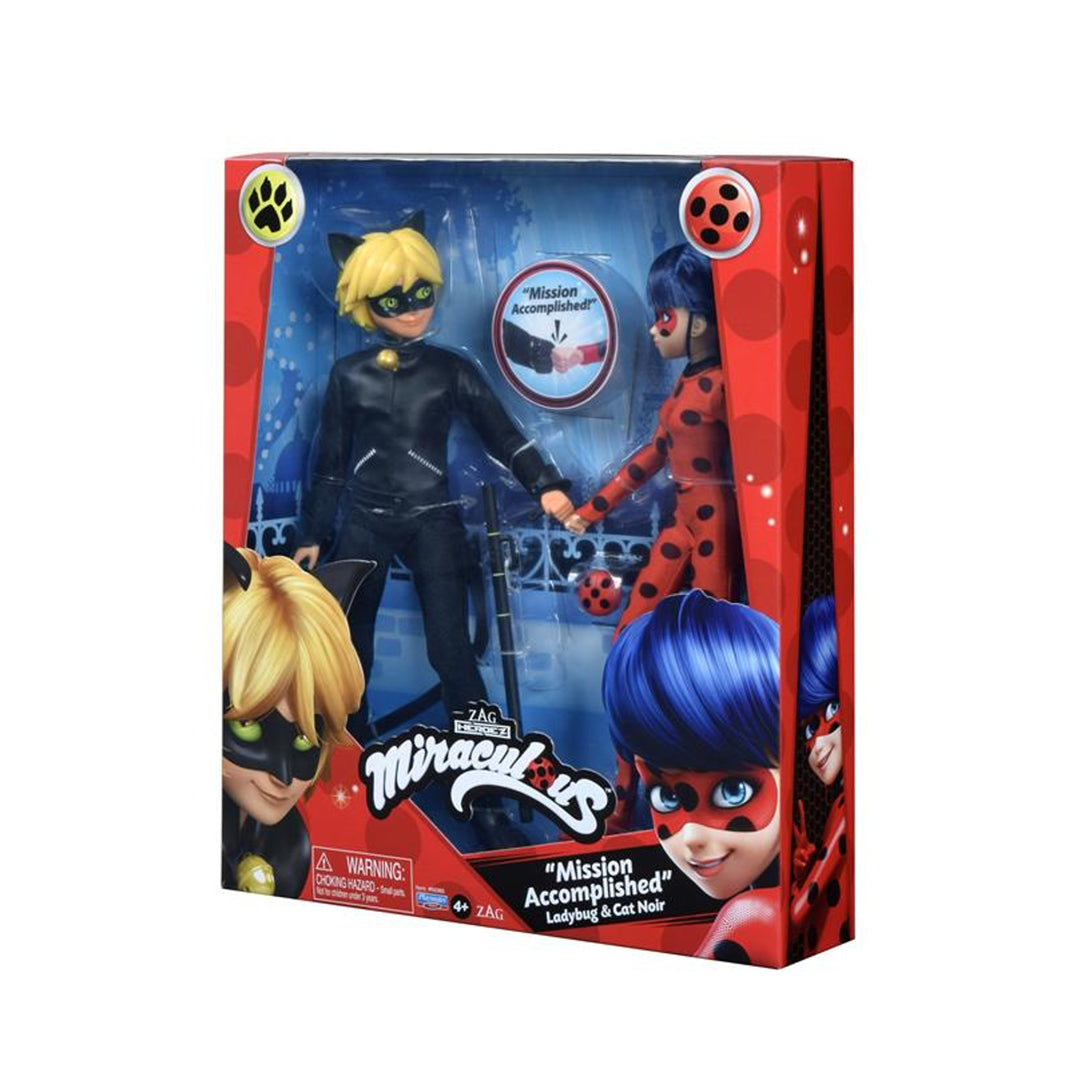 Um conjunto de bonecos Miraculous Ladybug e Cat Noir da Playmates