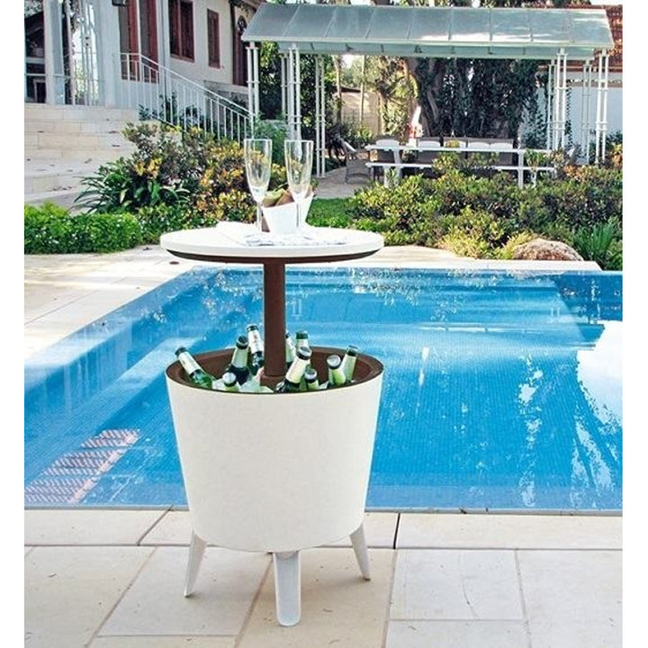 Keter 230900 Cool Bar 2en1 Enfriador de bebidas y mesa auxiliar, barra portátil de jardín, color crema y chocolate