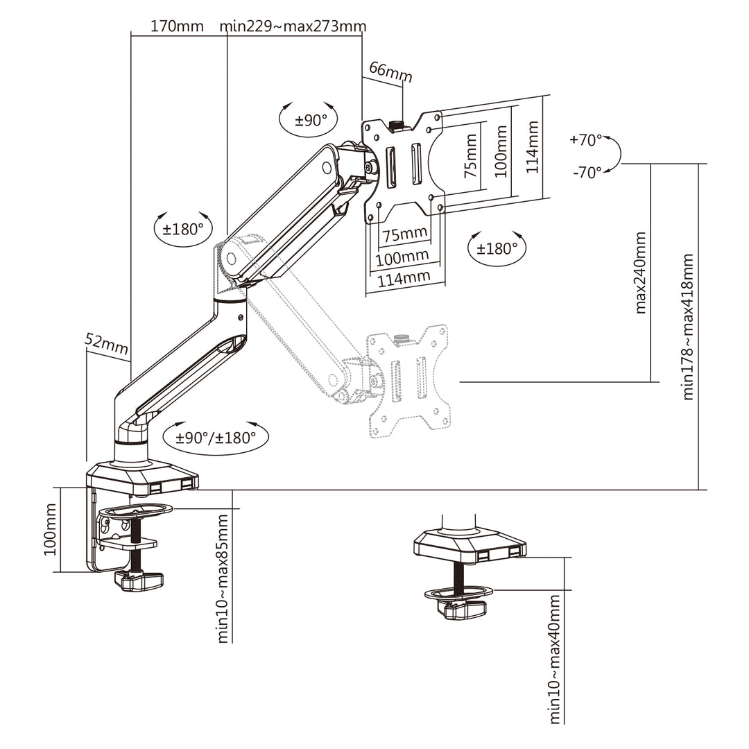 Ergo Office ER-445 Soporte universal de escritorio para monitor, resorte de gas 17"-35" 15kg, VESA 75x75 / 100x100