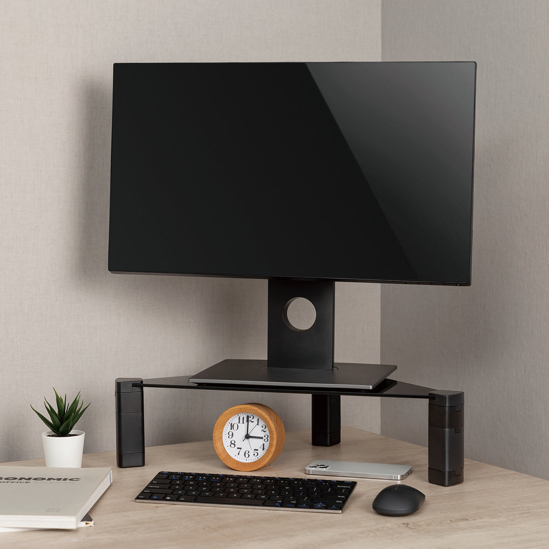 Soporte de monitor Estante esquinero Soporte de pantalla ajustable en altura Soporte de ordenador portátil Vidrio templado Elevador de monitor Soporte de monitor portátil hasta 20 kg máx. Triangular