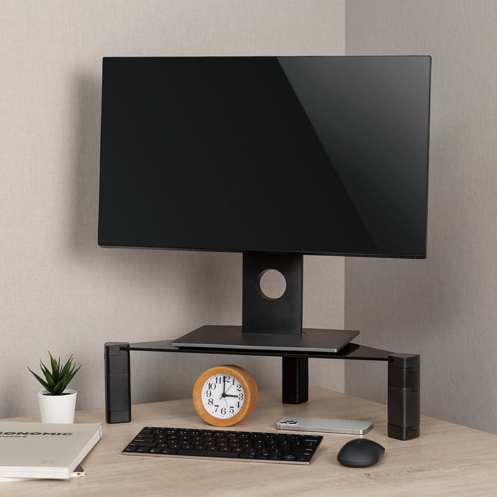 Soporte de monitor Estante esquinero Soporte de pantalla ajustable en altura Soporte de ordenador portátil Vidrio templado Elevador de monitor Soporte de monitor portátil hasta 20 kg máx. Triangular