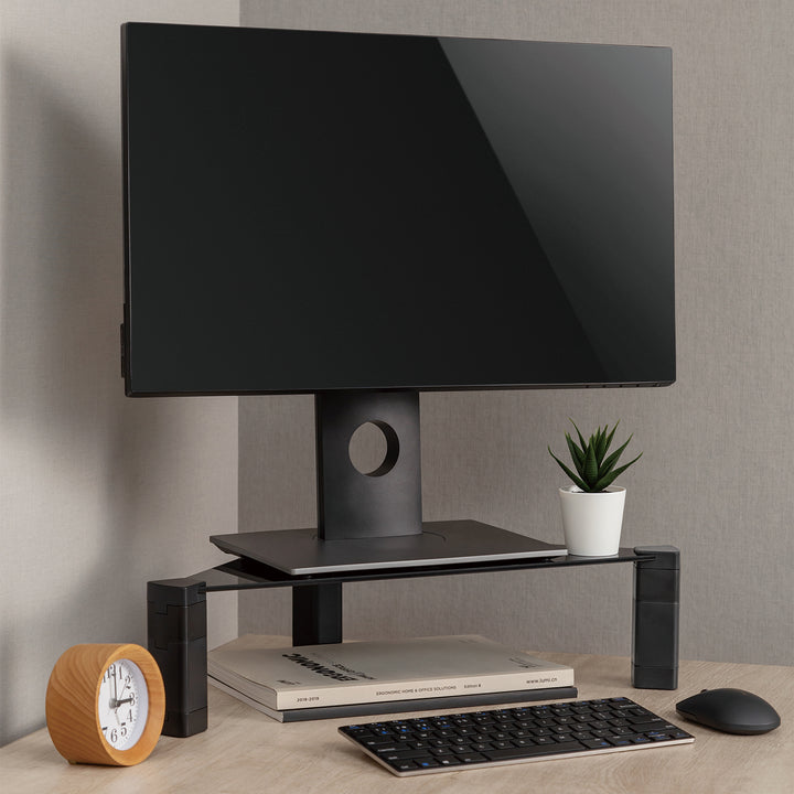 Soporte de monitor Estante esquinero Soporte de pantalla ajustable en altura Soporte de ordenador portátil Vidrio templado Elevador de monitor Soporte de monitor portátil hasta 20 kg máx. Triangular