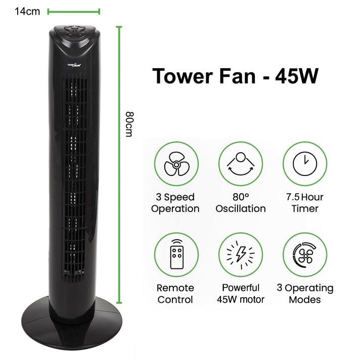 Ventilador de columna con mando a distancia, 3 modos, 3 velocidades, 80° de oscilación, 45W, Temporizador, Altura 82 cm GB645