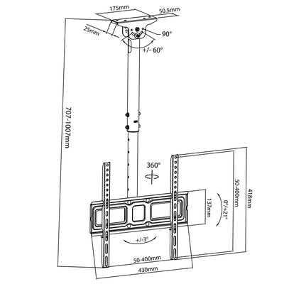 Suporte de teto para TV Maclean, VESA 400x400, 32"-50", distância do teto 717-1017mm, máx. 35kg, MC-943