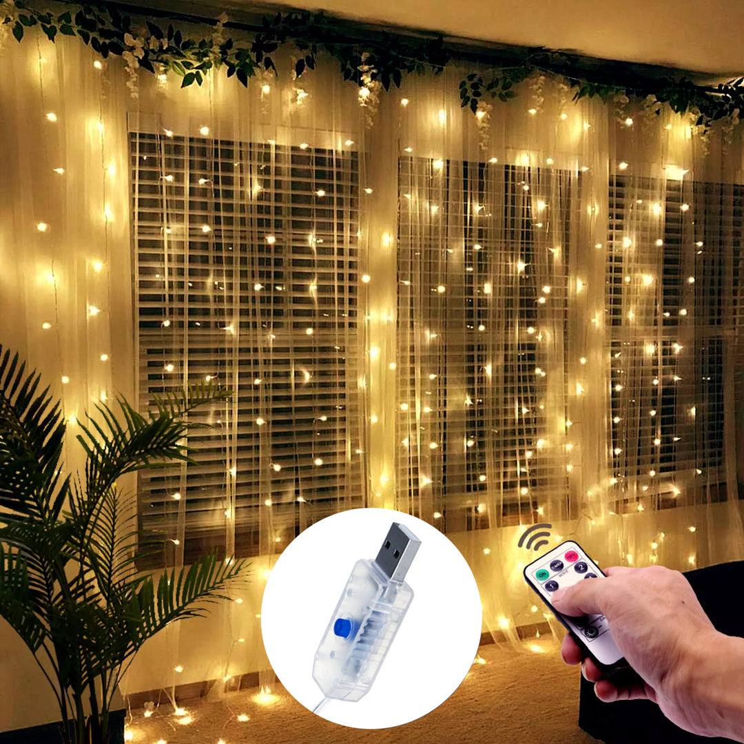 Cortina de Luz USB con el Control Remoto 3x3m 300 LED 8 Modos de Iluminación Cable con Temporizador Regulable USB 5V DC 3200K Blanco Cálido