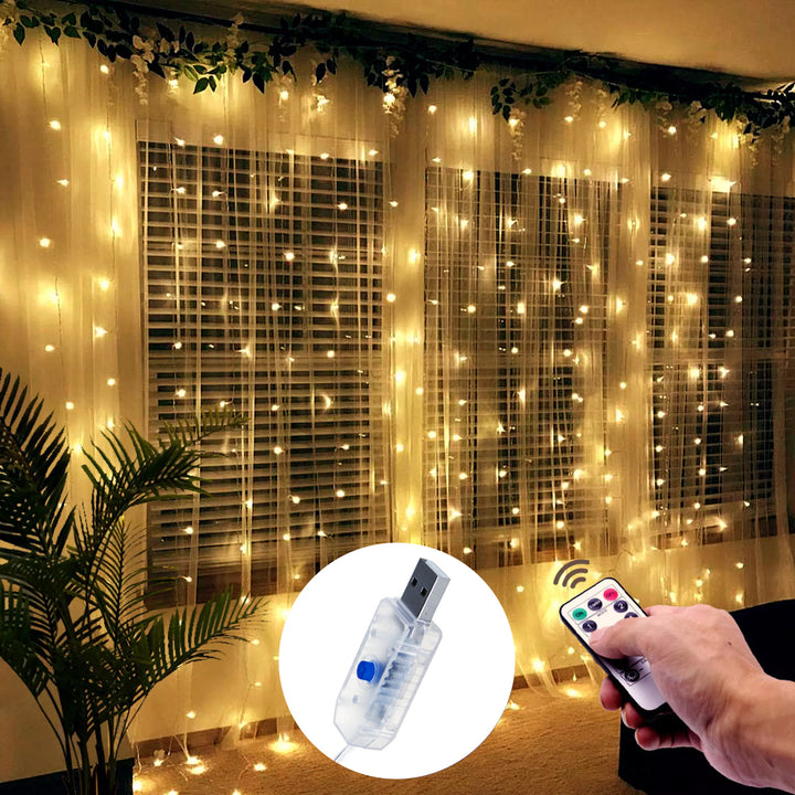 Cortina de luz USB com controle remoto 3x3m 300 LEDs 8 modos de iluminação Cabo com temporizador regulável USB 5V DC 3200K Branco quente