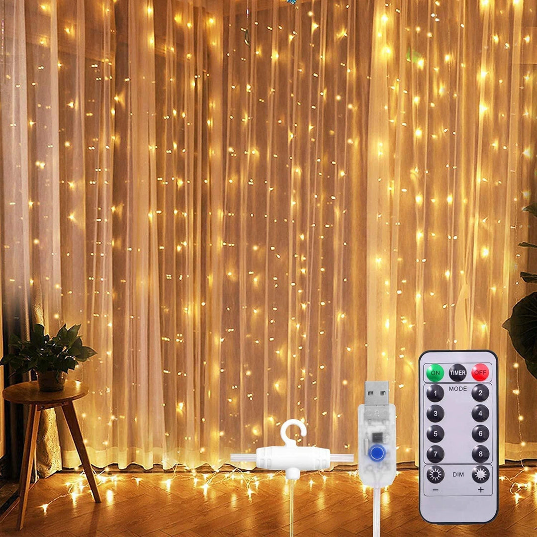 Cortina de Luz USB con el Control Remoto 3x3m 300 LED 8 Modos de Iluminación Cable con Temporizador Regulable USB 5V DC 3200K Blanco Cálido