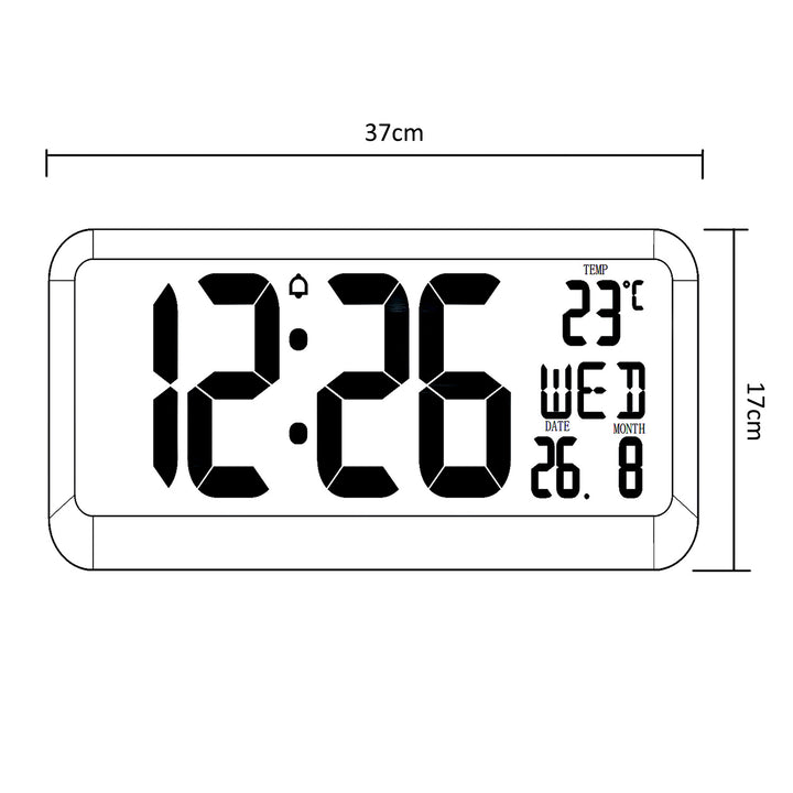 Reloj Digital Grande con Sensor de Temperatura Pantalla LED 37x17cm Alarma Reloj de Mesa o de Pared Alimentación por Cable o Pilas