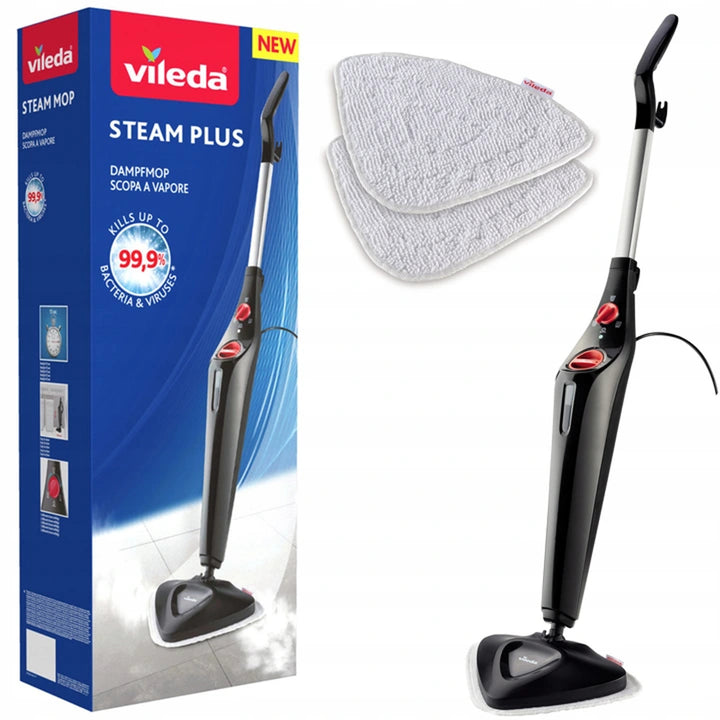 Esfregona elétrica a vapor Vileda 168917 Steam Plus 3.0 com 2 almofadas de reposição de microfibra, limpeza de carpetes