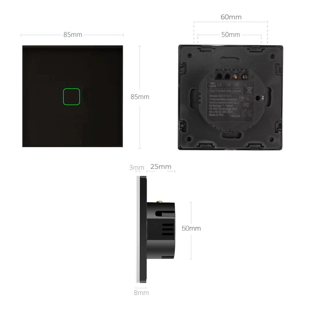 Maclean Interruptor de luz de toque de vidro cristal cruzado de passo único preto com iluminação de botão quadrado 86x86mm MCE713B