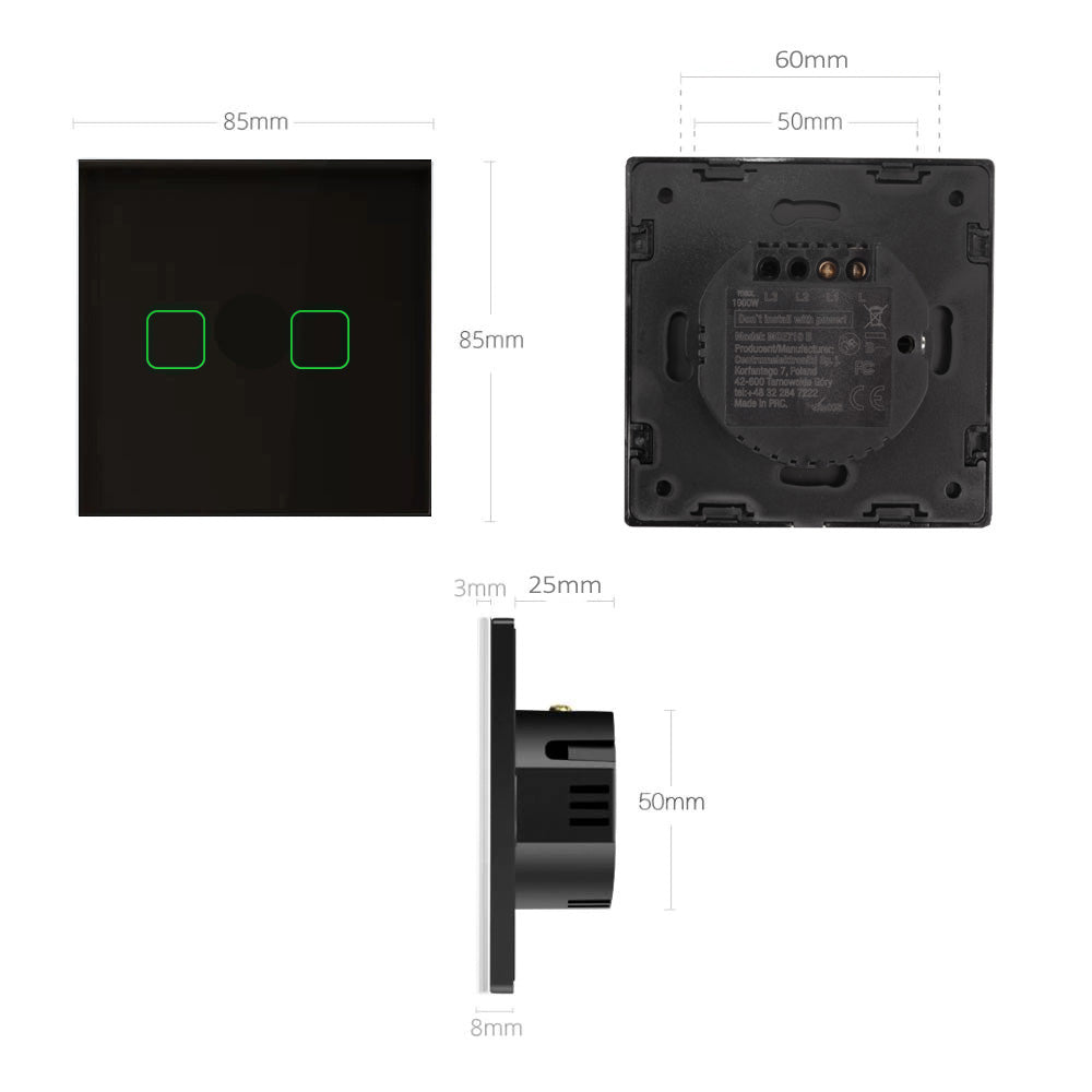 Maclean interruptor de luz de toque de vidro cristal cruzado de passo duplo preto com iluminação de botão quadrado 86x86mm MCE712B